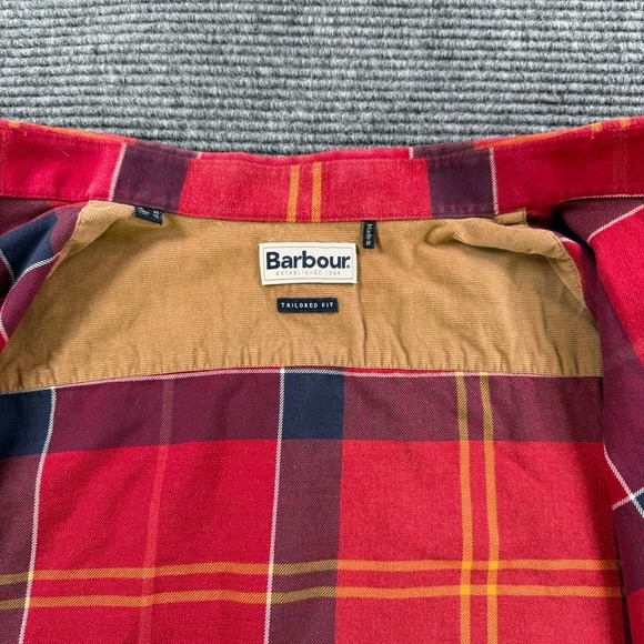 Barbour John Tailored Fit Plaid Button Down Flannel Shirt Men Large Red Navy - Picture 5 of 16